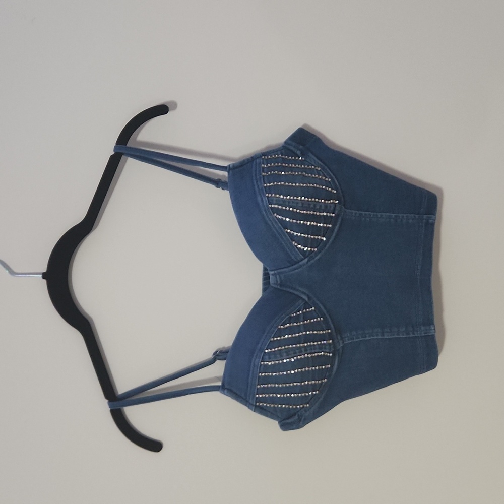 Spaghetti strap crop top with diamond embroidery
